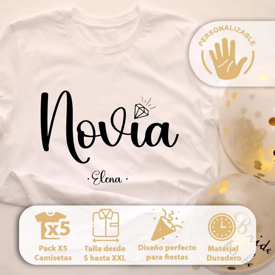 Camiseta despedida soltera personalizada con nombre | Pack 5 unidades | Novia | Team Bride | Equipo de la novia