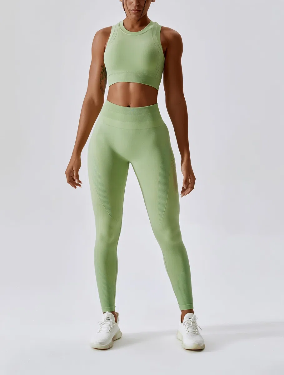 ABOCIW Conjunto de entrenamiento sin costuras para mujer, brasier deportivo de espalda cruzada, camiseta sin mangas, leggings de cintura alta, 2 piezas, trajes de gimnasio y yoga