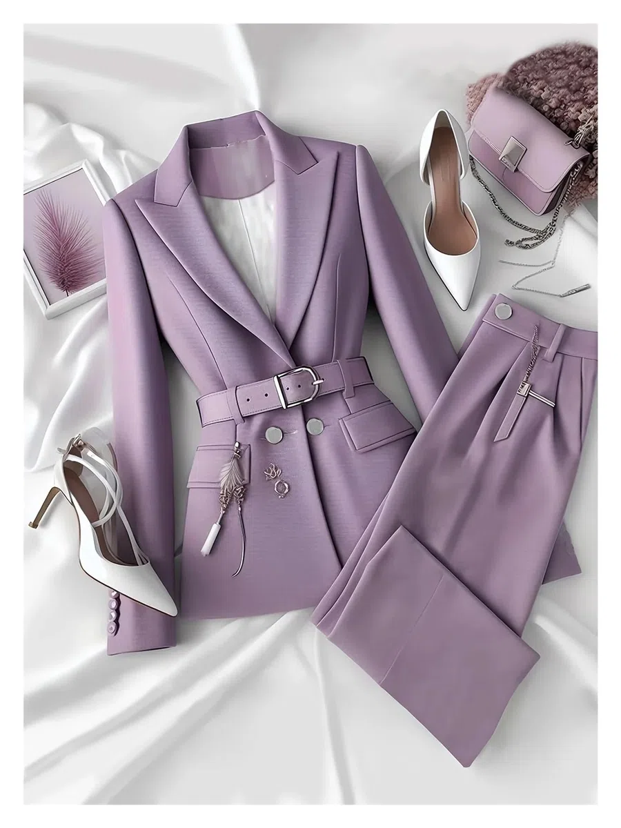 Traje de Oficina Elegante Dos Piezas, con Chaqueta, cinturón y pantalón Largo, Color Liso para Negocios, Trabajo, Oficina, Formal
