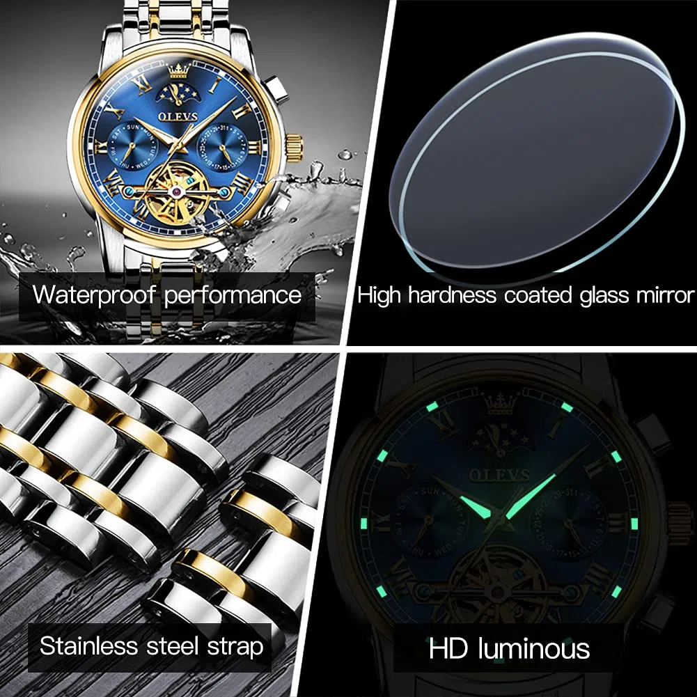 OLEVS Par de relojes para parejas, mecánicos automáticos, con cuerda automática, para él y ella, regalos del día de San Valentín, 6617+6608: banda de dos tonos y esfera azul