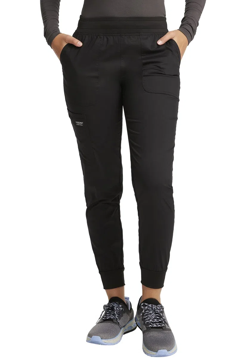 Cherokee WW657 - Conjunto de uniforme médico para mujer, cuello en V, pantalones quirúrgicos de tiro medio con cintura elástica de punto, WW115, color negro, talla L/pantalón L
