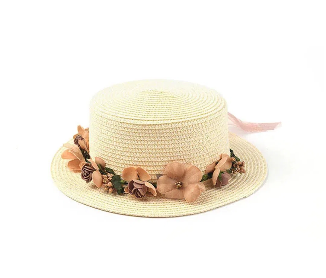 Sombrero para el Sol para Mujer, Sombrero de Cubo, Sombrero de Paja con Parte Superior Plana y Lazo de Encaje Beige de Verano (21244 Mujeres 56, Talla única 58 cm)