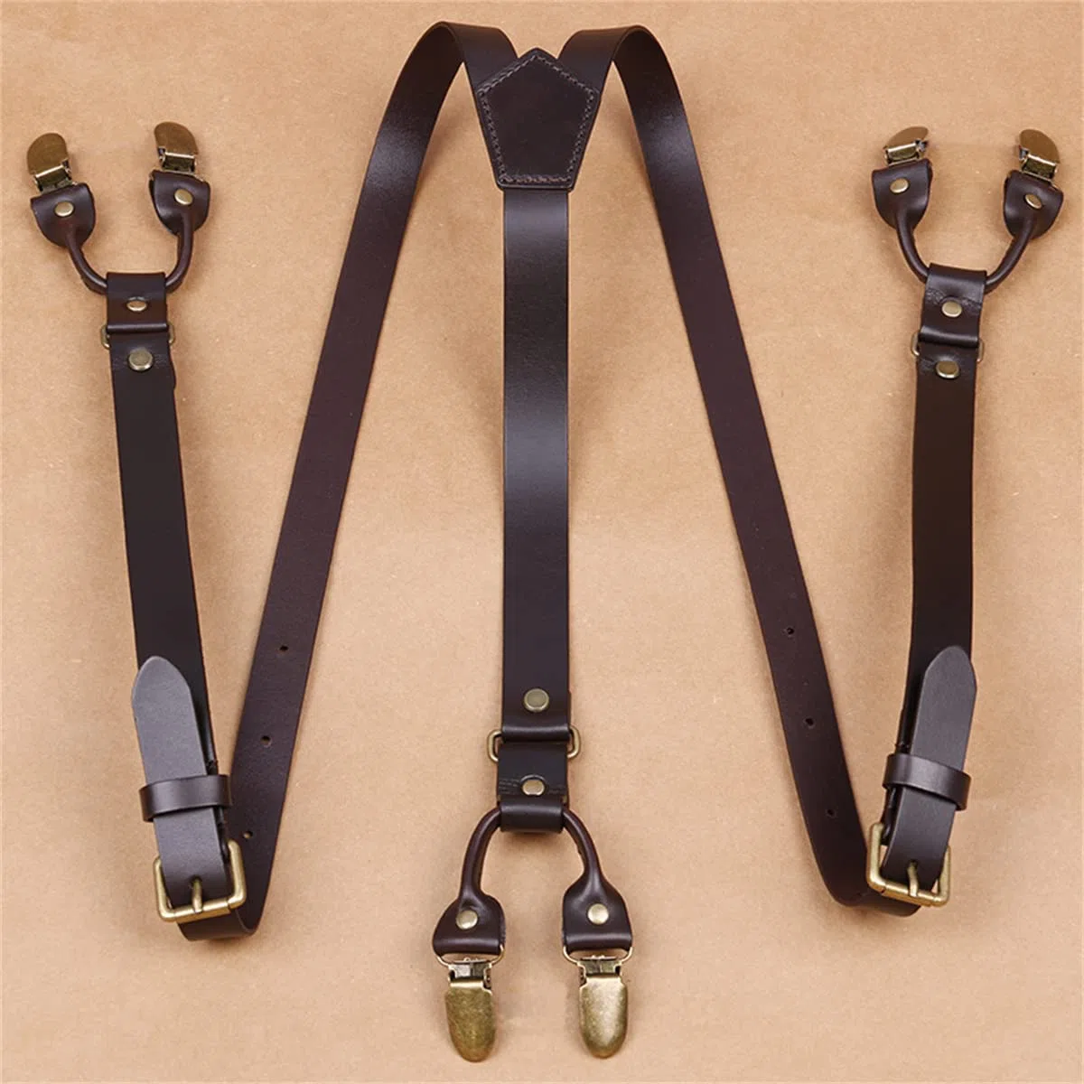 Tirantes para Hombre, Tirantes de Cuero Resistentes en Forma Y Menu2019 (6 Clips metálicos, Correas Ajustables)(Deep Brown)