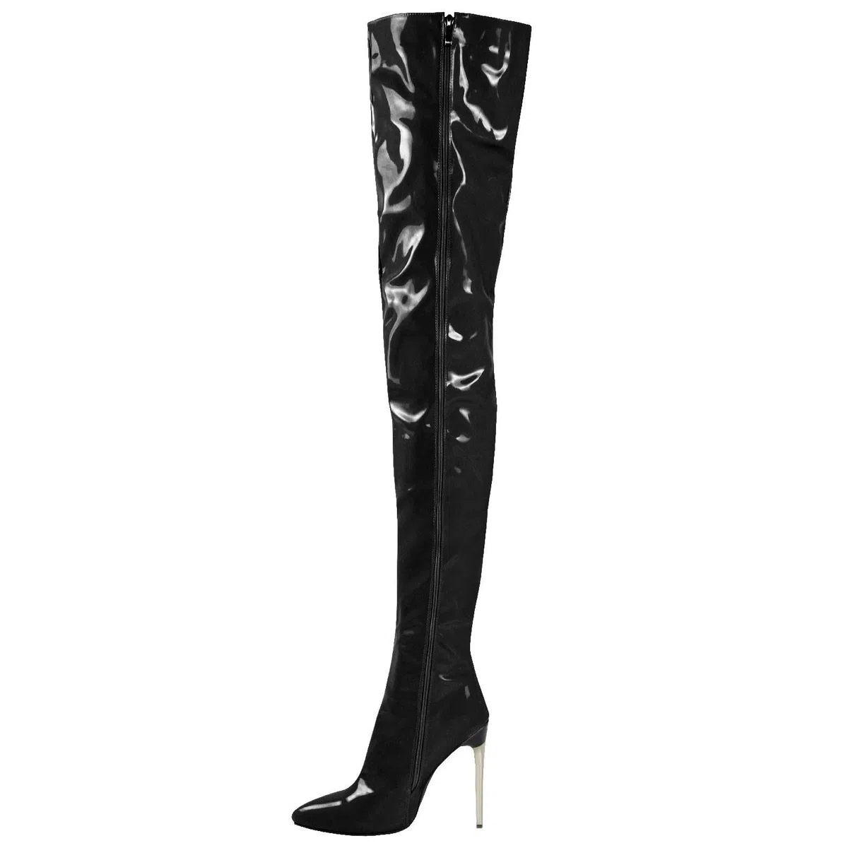 FGRID Botas sobre la rodilla de charol para mujer, botas altas con tacón de aguja de PU artificial de moda, botas largas de club nocturno con cremallera lateral elástica sexy,Negro,45
