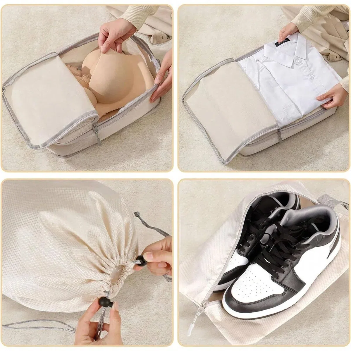 Bolsas de viaje comprimibles 6 piezas, impermeables, nailon, portátiles, con organizador equipaje Organizadores para maletas(6 pcs beige)