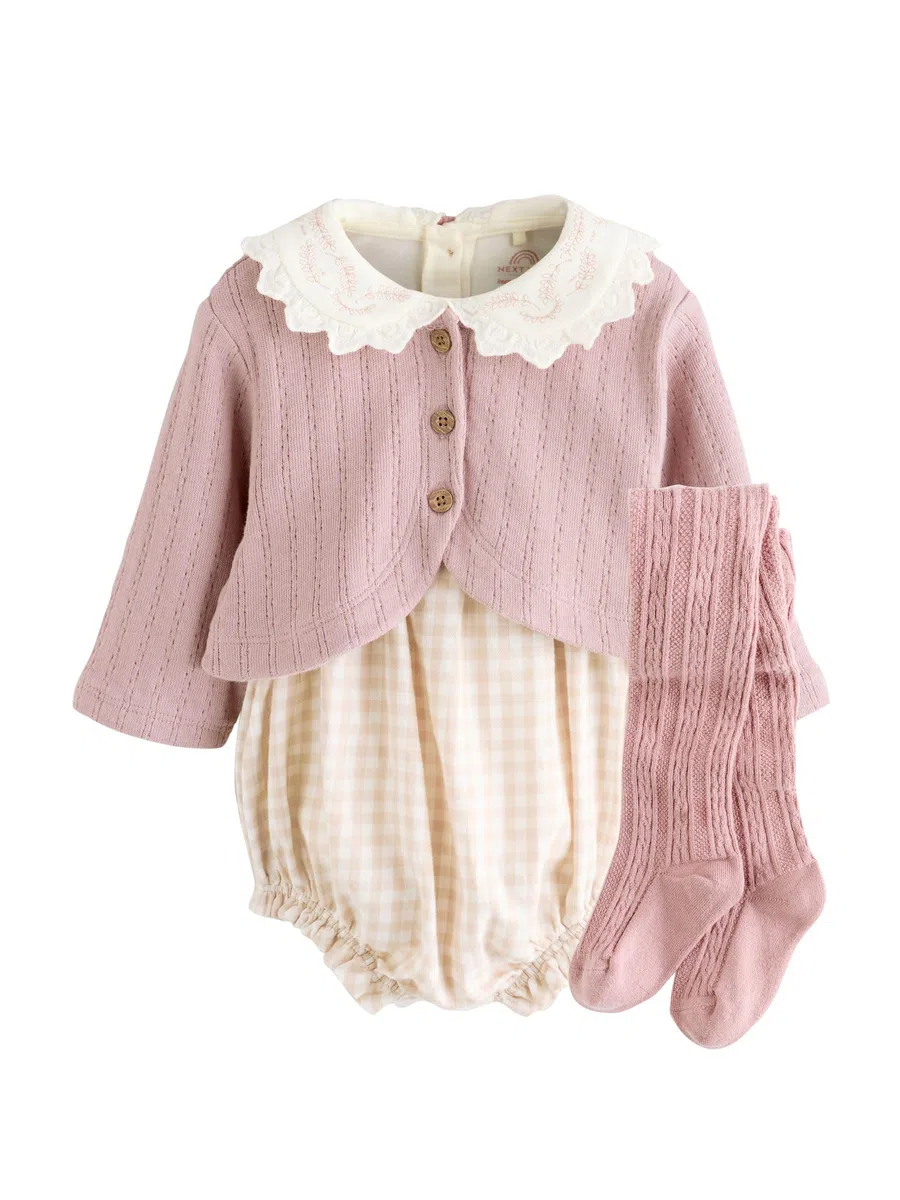 NEXT Bebés niña Conjunto de 4 prendas de bodi de manga larga, pelele abullonado, cárdigan y medias