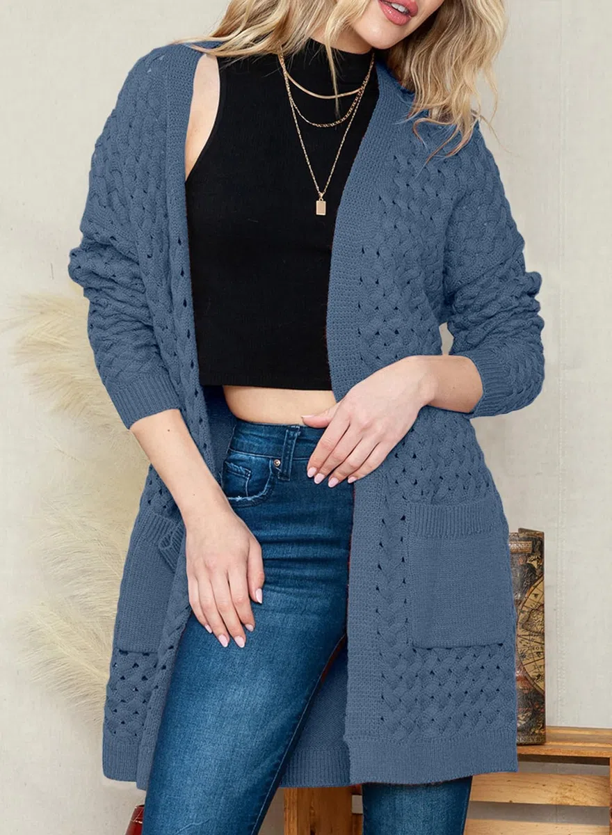 Chaqueta larga de punto para mujer, chaqueta de punto frontal abierta, abrigo con bolsillos, ropa exterior holgada informal para uso diario, Real Teal, XXL