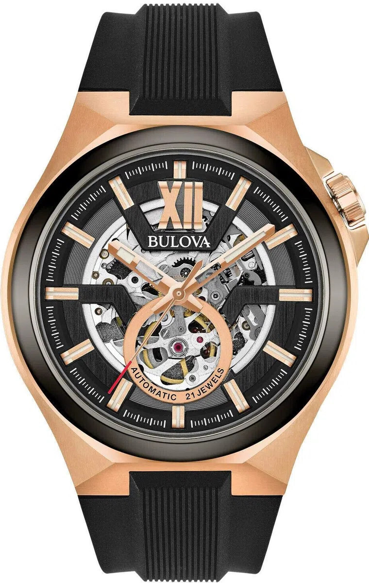 Bulova Reloj analógico automático para Hombre con Correa de Silicona 98A177, Negro, Correa