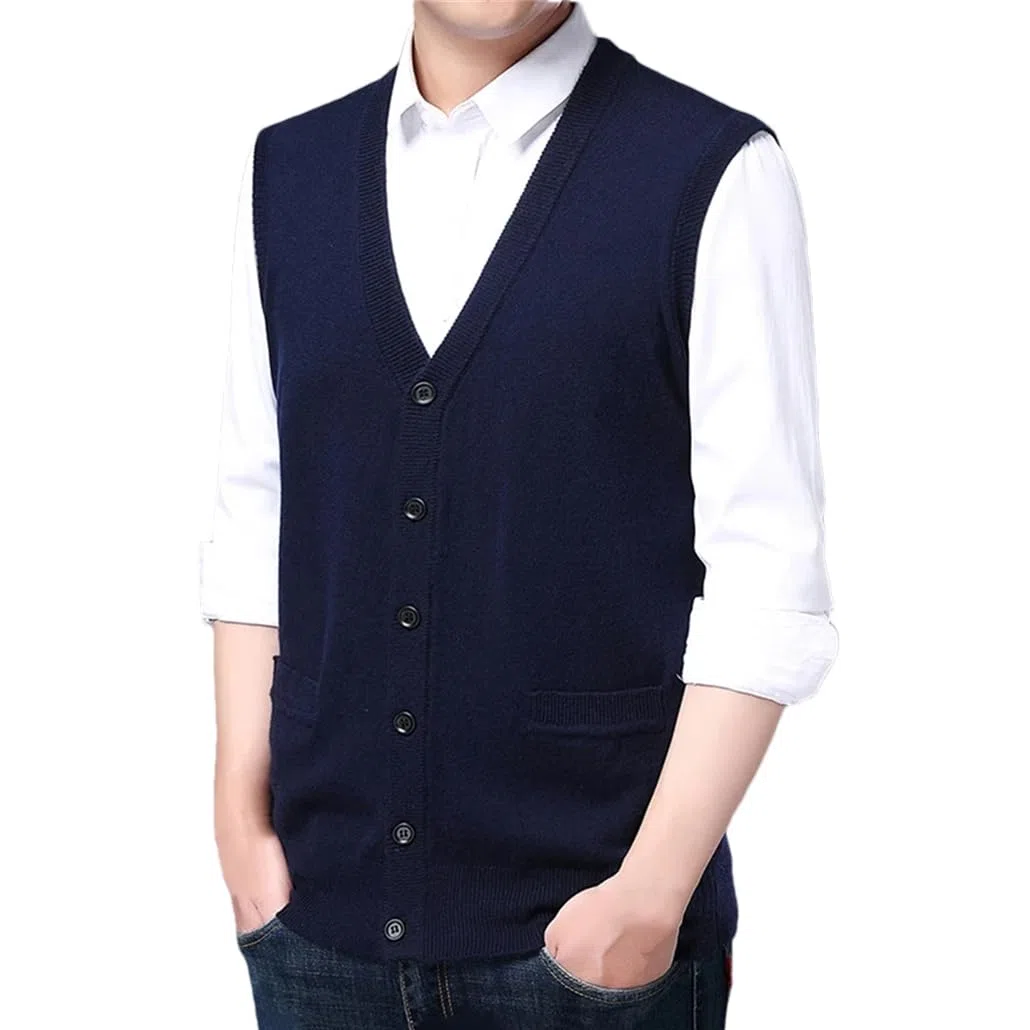 Chaleco de lana para hombre, sin mangas, con botones, chaqueta de punto con cuello en V, cárdigan sólido y cálido