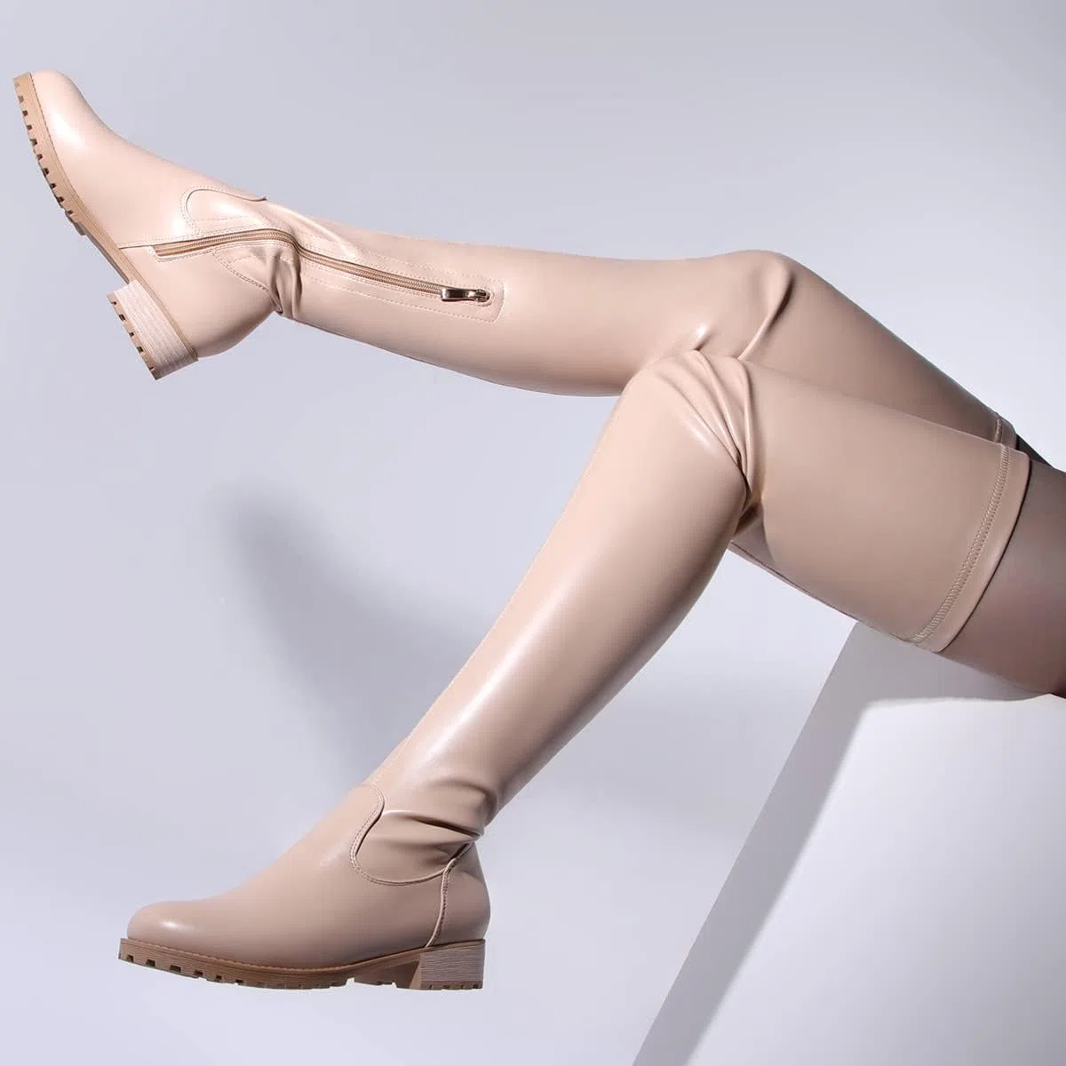 Botas Altas hasta el Muslo para Mujer,Botas Invierno elásticas por Encima la Rodilla Cremallera Punta Redonda tacón bajo Grueso,Botas Combate cómodas,Botas largas Motociclista,Apricot,35.5 EU