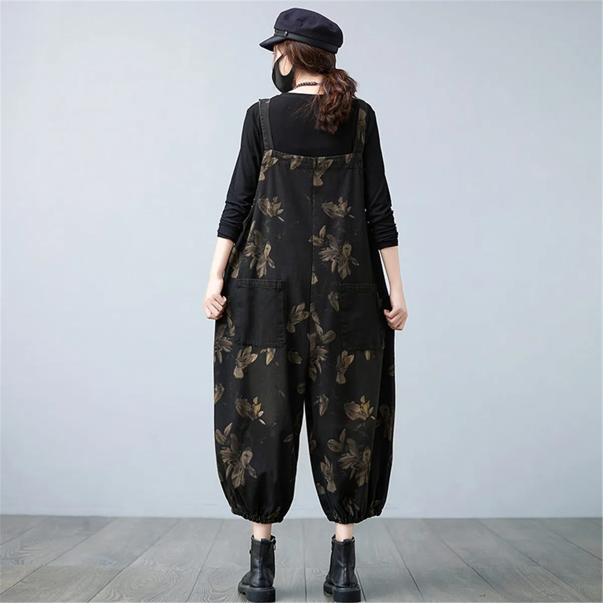Monos de las mujeres con estampado floral de Jean overoles grandes bolsillos de pierna ancha pantalones de mezclilla con correa mamelucos, Negro, M largo