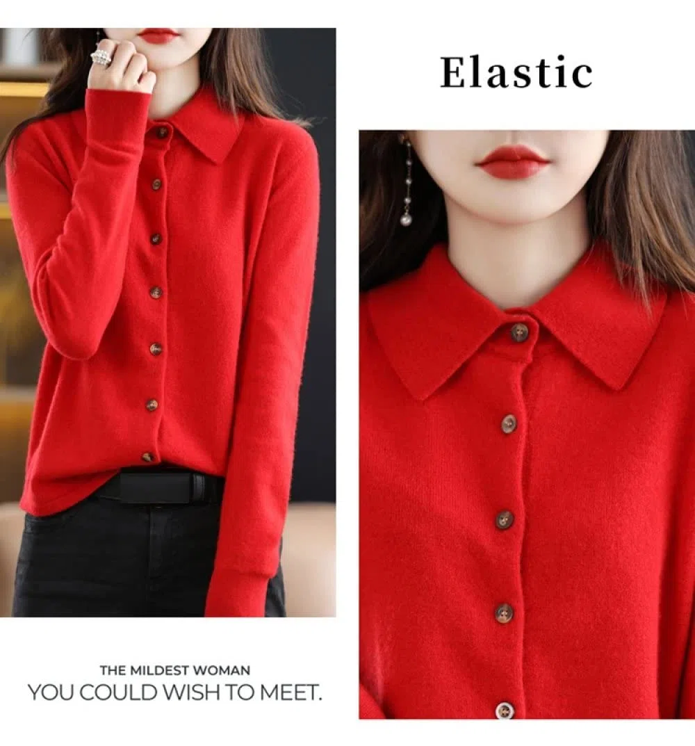 EIBA Cárdigans para Mujer Cárdigans De Punto para Mujer Moda Llanura Cuello Rojo Botón De Solapa Suéteres Delanteros Abiertos Cárdigan Otoño Invierno Suave Y Acogedor Abrigo De Punto Básico A