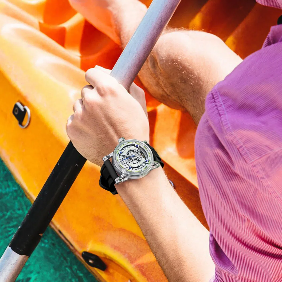 FEICE Reloj Skeleton Automático Analógico para Hombre con Correa de Silicona Acero Inoxidable Ø44mm FM501