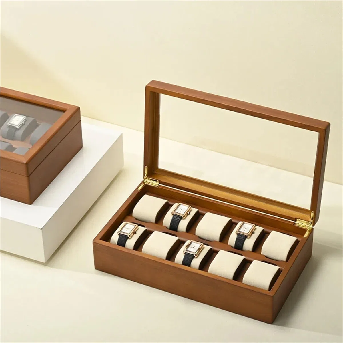 Caja de relojes de madera maciza Caja de reloj con 10 ranuras, organizador joyas madera, vitrina multifuncional grande, almacenamiento