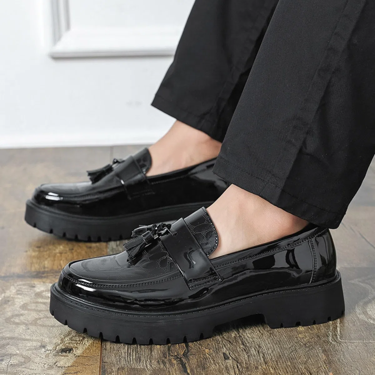 Mocasines Plataforma Hombre Zapatos Vestir Slip-On De Piel Charol | Zapatos Formales De Estilo Moderno Con Borlas, Puntera Redonda Y Suela De Goma, Para Bodas Y La Oficina