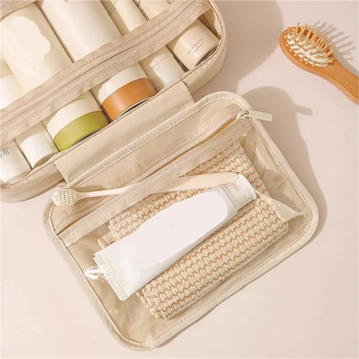 Bolsa de cosméticos Colgante for Mujer, Organizador Maquillaje portátil, Bolsas Almacenamiento artículos tocador Viaje Gran Capacidad, 2 uds para Viajar(Wooden Peach Powder)