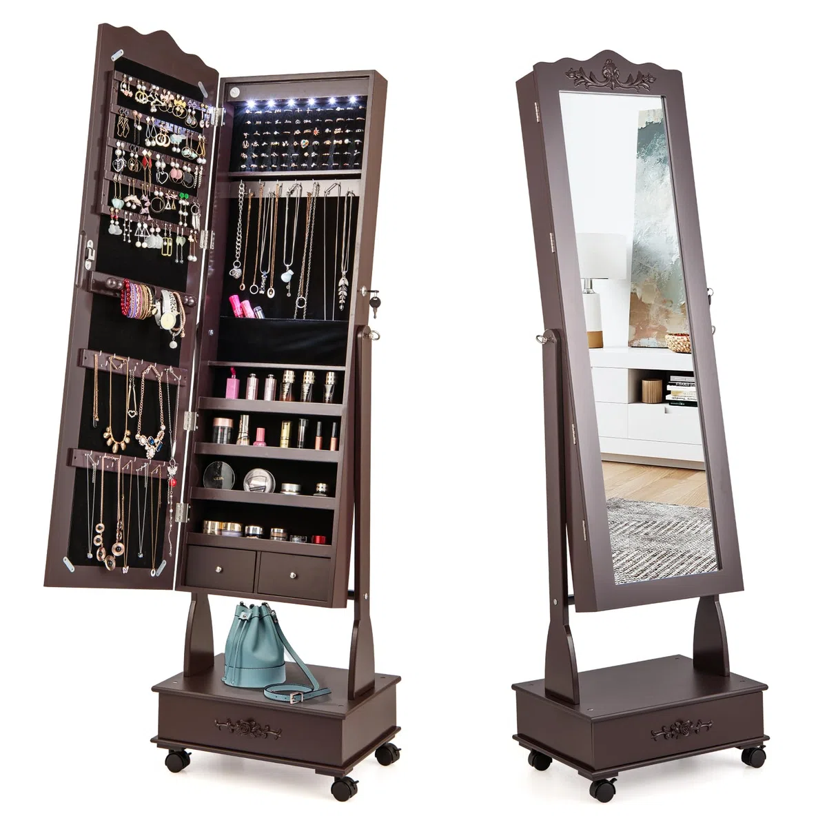 COSTWAY Armario para joyas con espejo, armario con espejo LED con cajón, organizador de joyas con cerradura, sobre ruedas, ideal para almacenamiento y maquillaje