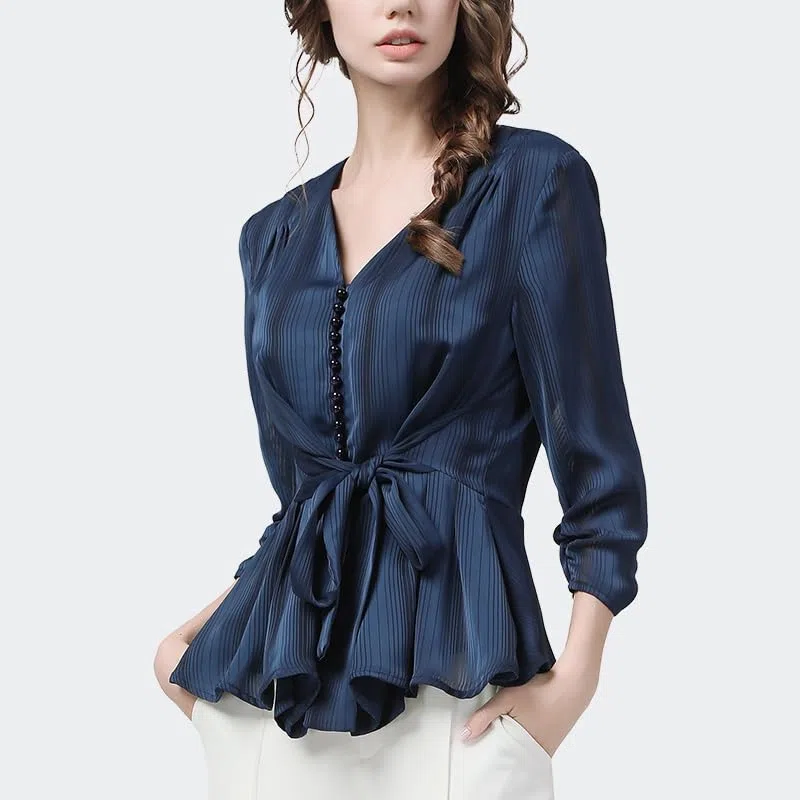 Blusas de Gasa a Rayas Azules para Mujer, Blusas Informales de Oficina con Cuello en V Ajustadas con Fajas y Mangas Tres Cuartos, Camisa (Negro XL)