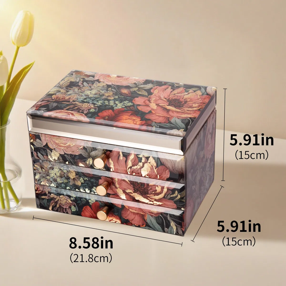 Joyero de cristal con patrón floral, organizador de joyas de 3 niveles para mujeres y niñas, cajas decorativas de regalo de joyería, organizador de mesa para aretes, collar, regalo para