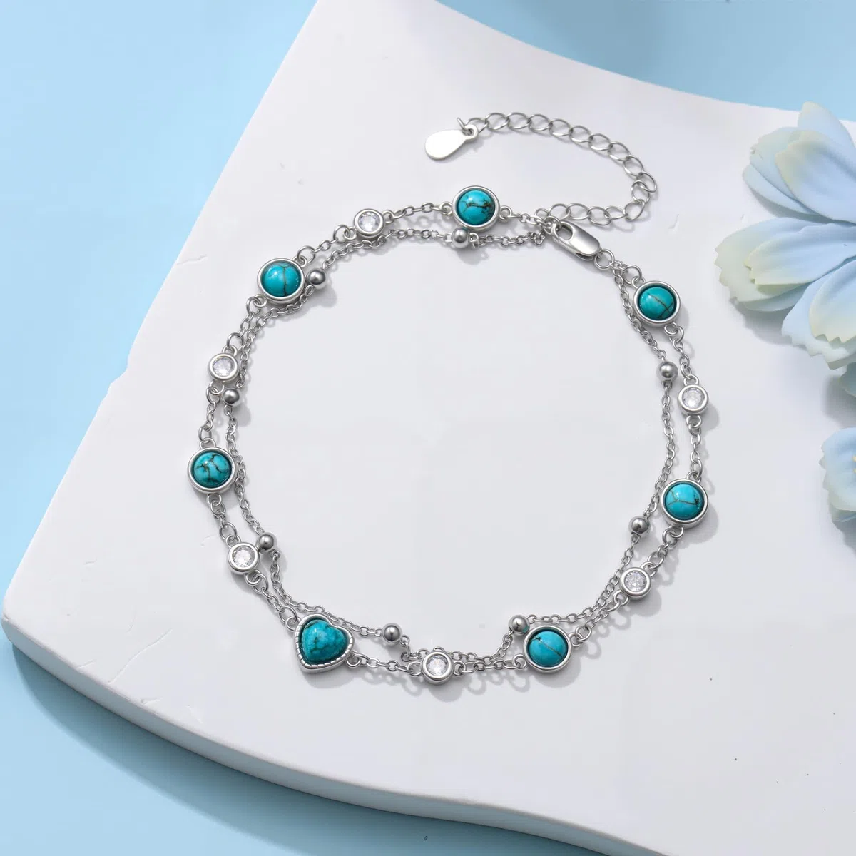 Tobillera de plata de ley 925 turquesa natural, pulsera ajustable de varias capas para mujer