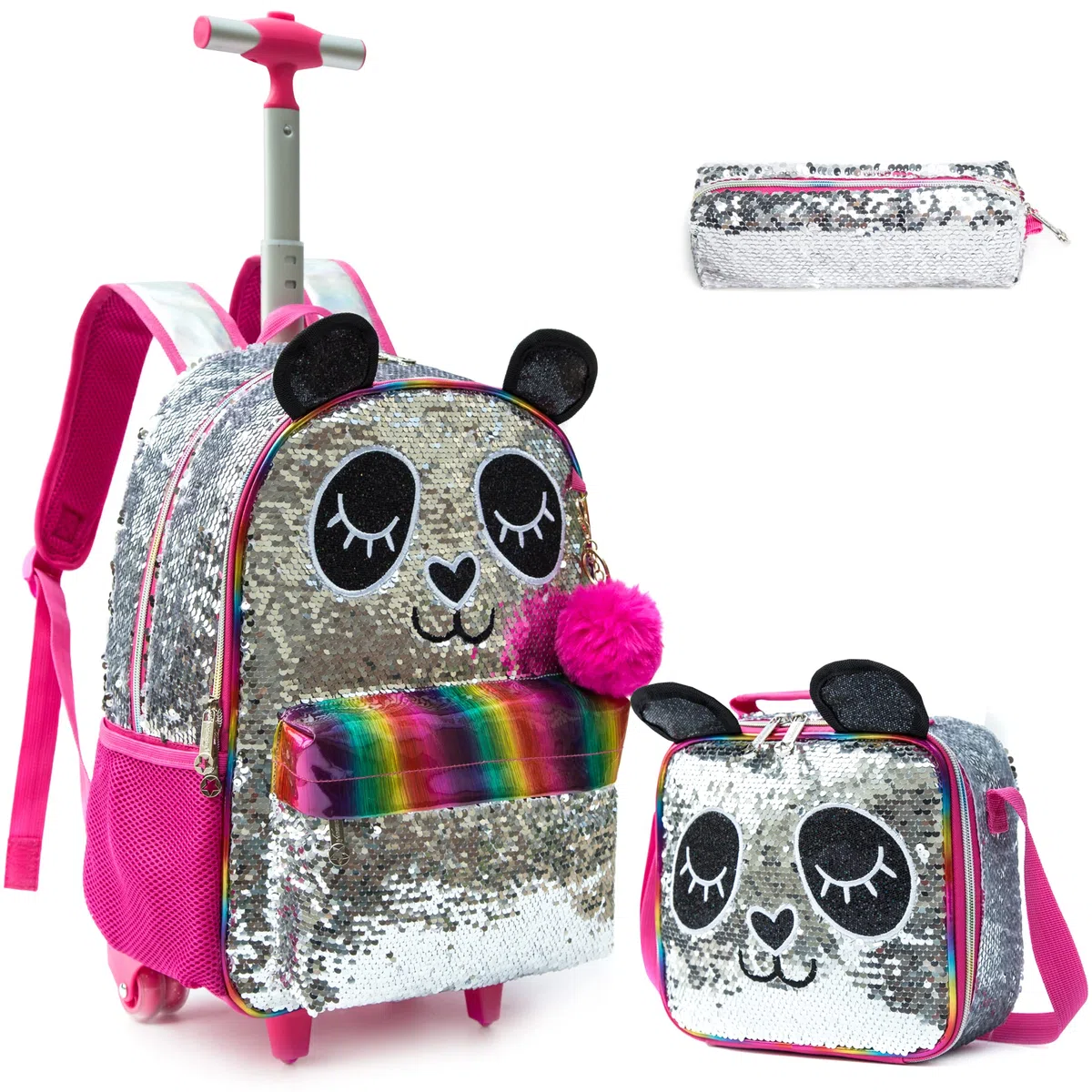 Mochilas Escolares con Ruedas Para Niñas,3PCS Mochila Carro Bolsa del Almuerzo y Estuche de Lápices Bolsos Escolares Para Chicas,16" Maleta Niños con Ruedas de Sirena Morada para Niñas con Lentejuelas