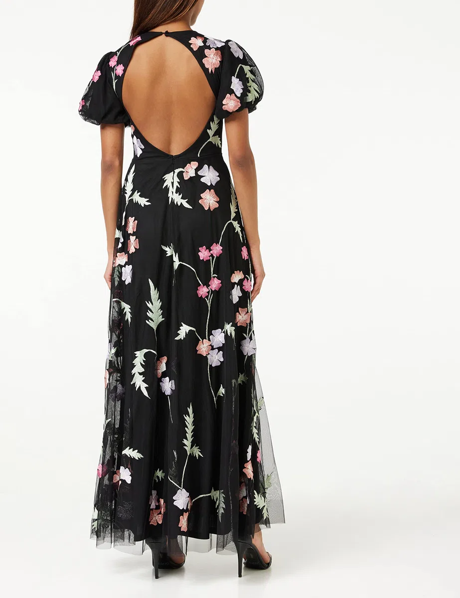 Maya Deluxe Womens Maxi Dress Ladies Floral Embroidered Open Back Puff Sleeves Dress For Wedding Guest Bridesmaid Prom Occasion Vestido Mujer