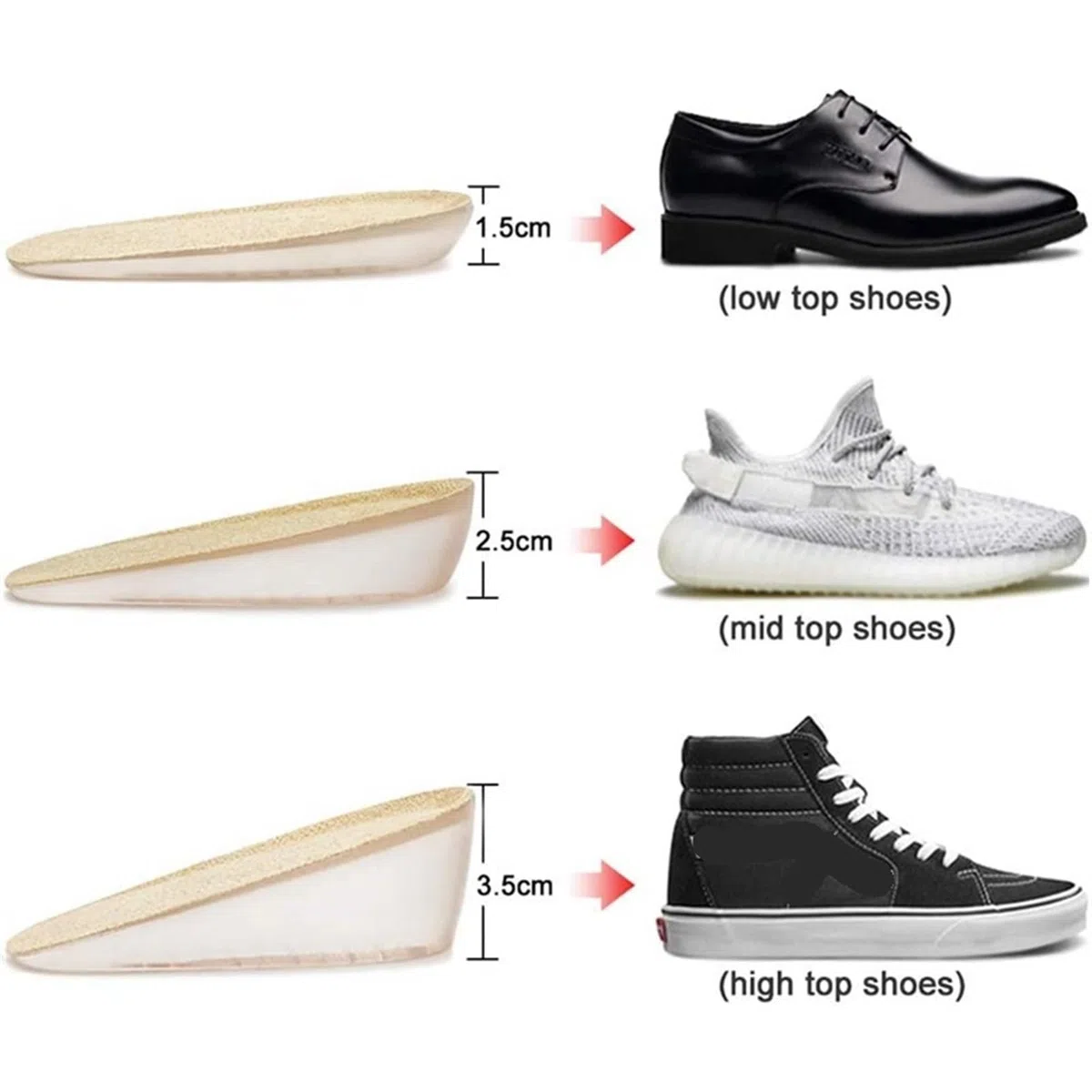 2 pares de plantillas for aumento altura silicona, inserciones invisibles for levantar el talón, almohadillas elásticas for hombres y mujeres Para Zapatos(S-3.5 CM-Khaki)