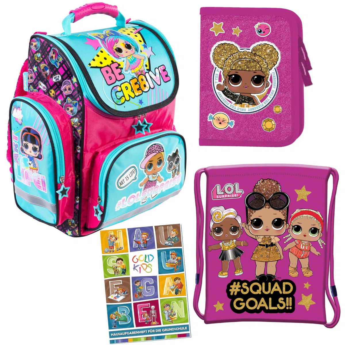 Goldkids - Mochila escolar para niños y niñas, juego de 4 - Mochila escolar para niños con estuche - Bolsa para zapatos y cuaderno de tareas - Diseño LOL - 1-3 Clase