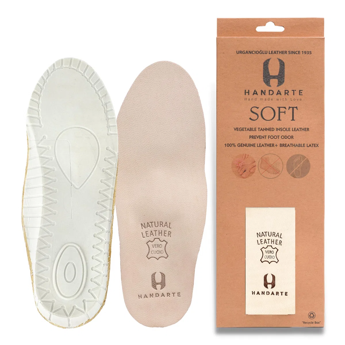 HANDARTE Genuine Leather Insoles - Orthopedic Vegetable Tanned - Odor Eater Natural Padded with Latex Foam - Magic Absorbent and Thin