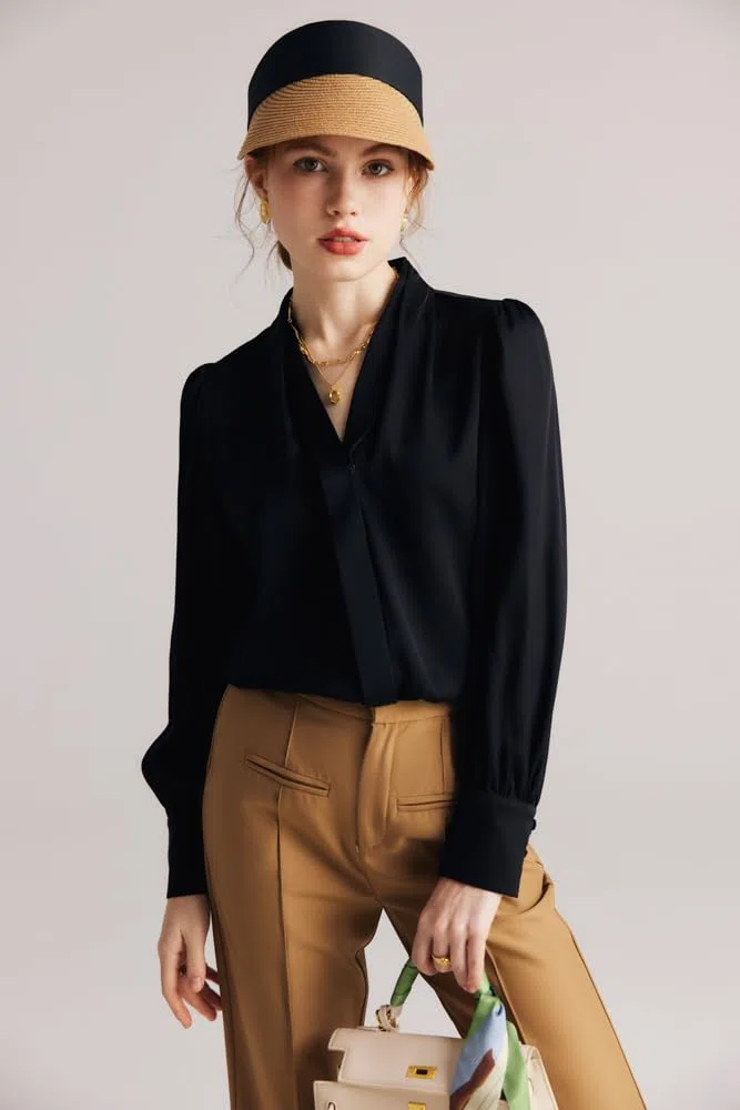 Blusa de Seda Crepe elástica de Manga Larga para Mujer