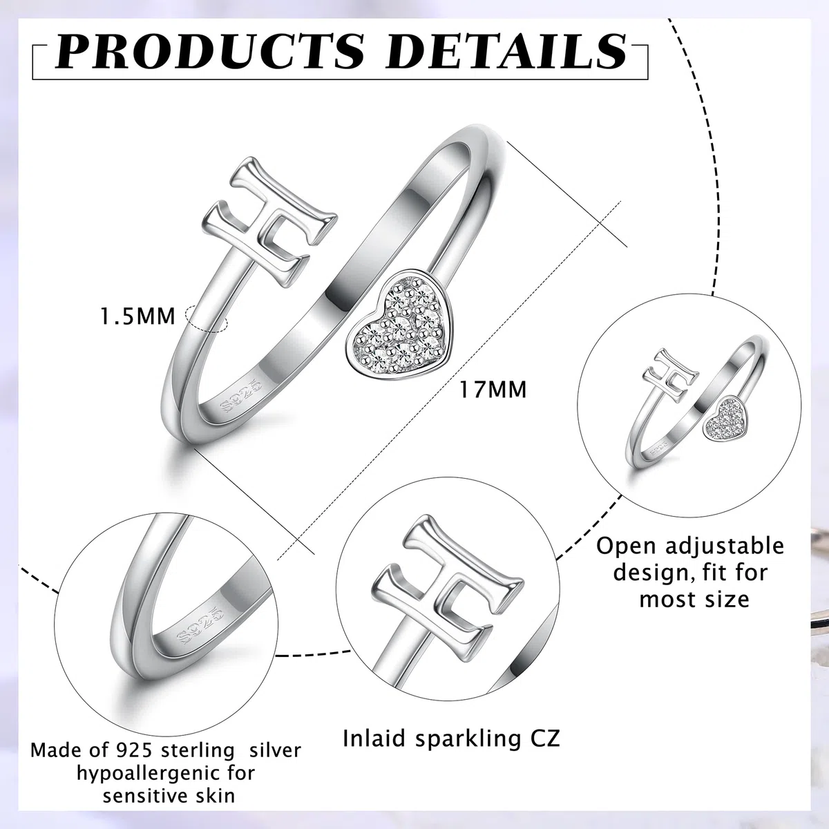 HMJGDHX Anillos de Plata de Ley 925 con Inicial de corazón para Mujeres y niñas, Anillos apilables Ajustables con Letras del Alfabeto chapados en Oro de 18 Quilates para Adolescentes