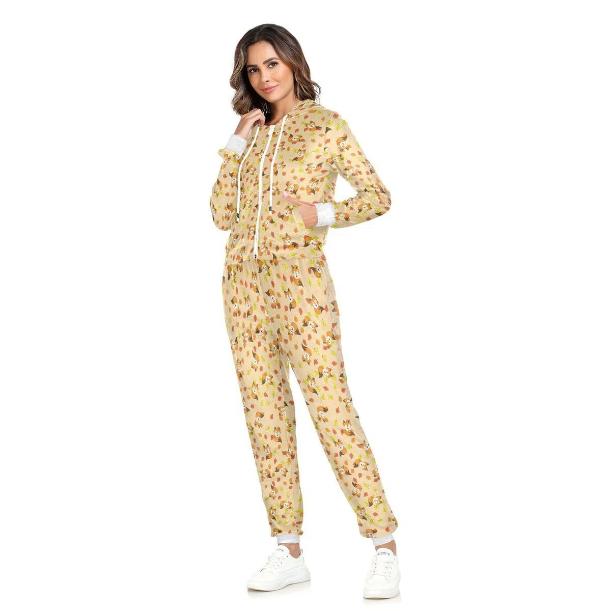Conjunto deportivo de 2 piezas para mujer, diseño de hojas de zorro, manga larga, con diseño de dibujos animados de animales