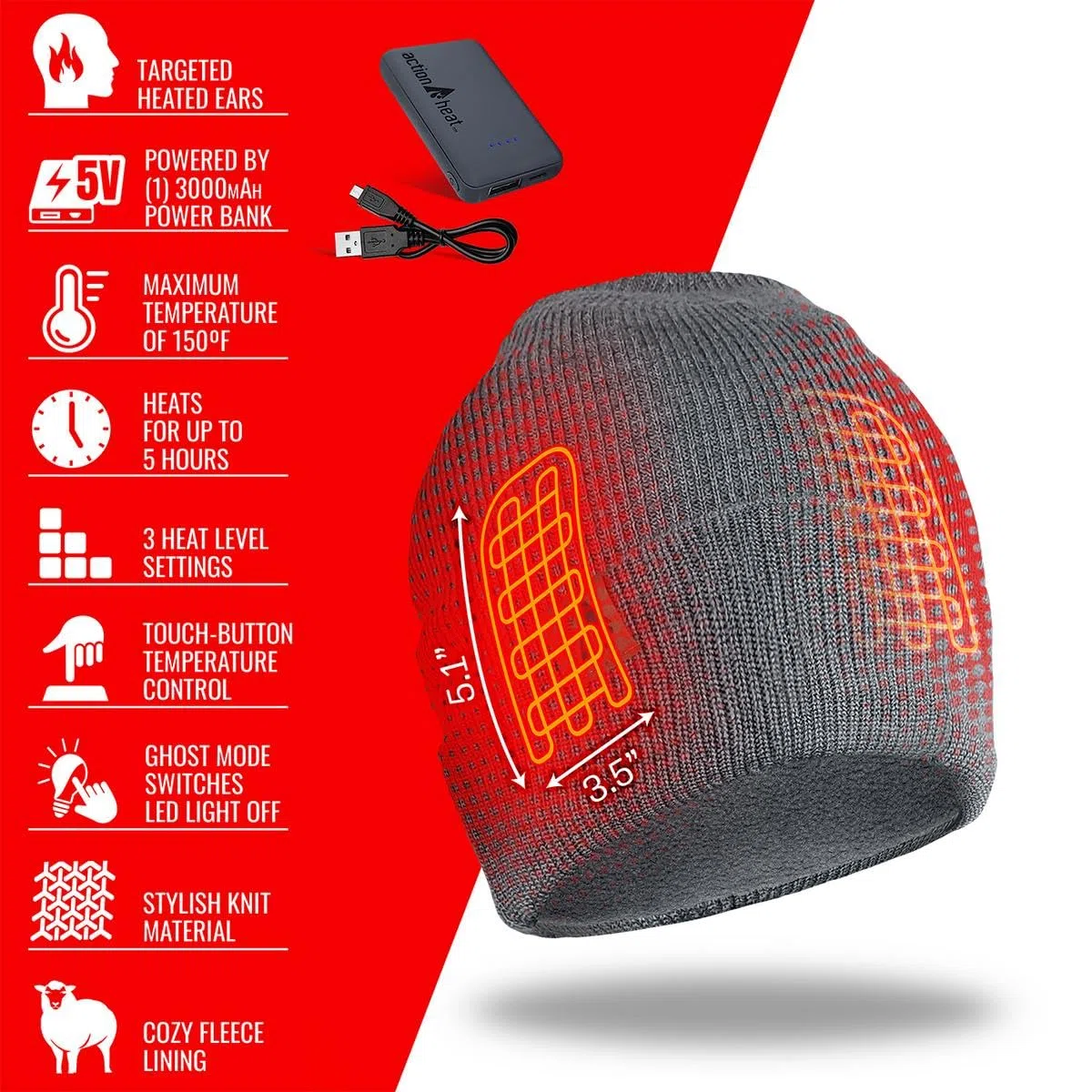 ActionHeat Gorro de punto calentado con batería de 5 V - Gorra recargable para invierno - Calor ajustable 4 horas de calor, Gris, talla única