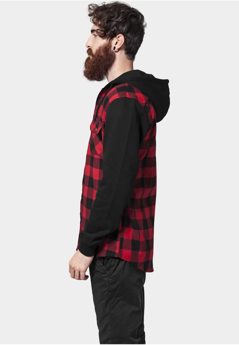 Urban Classics A Cuadros Franela con Capucha Hombre Camisa de Franela Negro/Rojo Regular