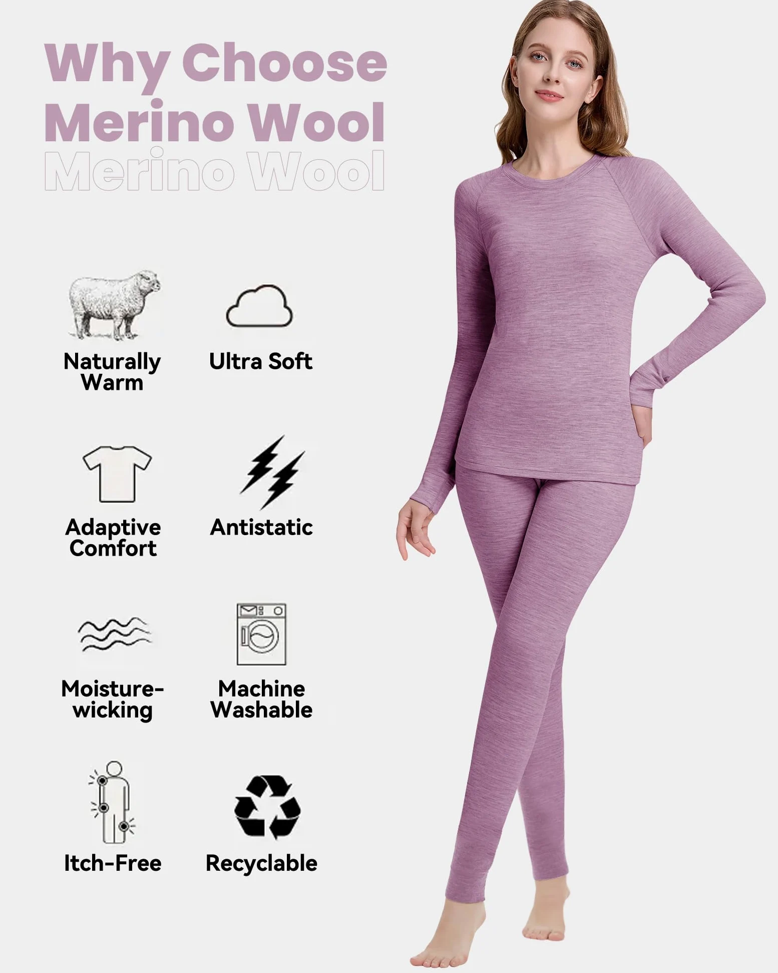 Conjunto de ropa interior térmica para mujer, 100 % lana merino, ropa interior ligera de esquí para mujer, suave y cálida