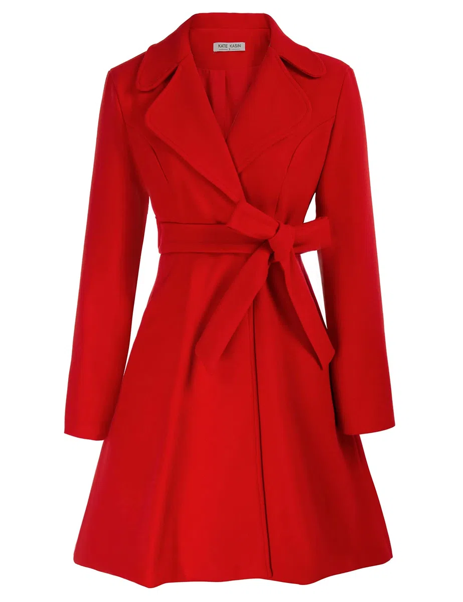 Kate Kasin Abrigo de mujer con cinturón de mezcla de lana para mujer, Rojo, Large