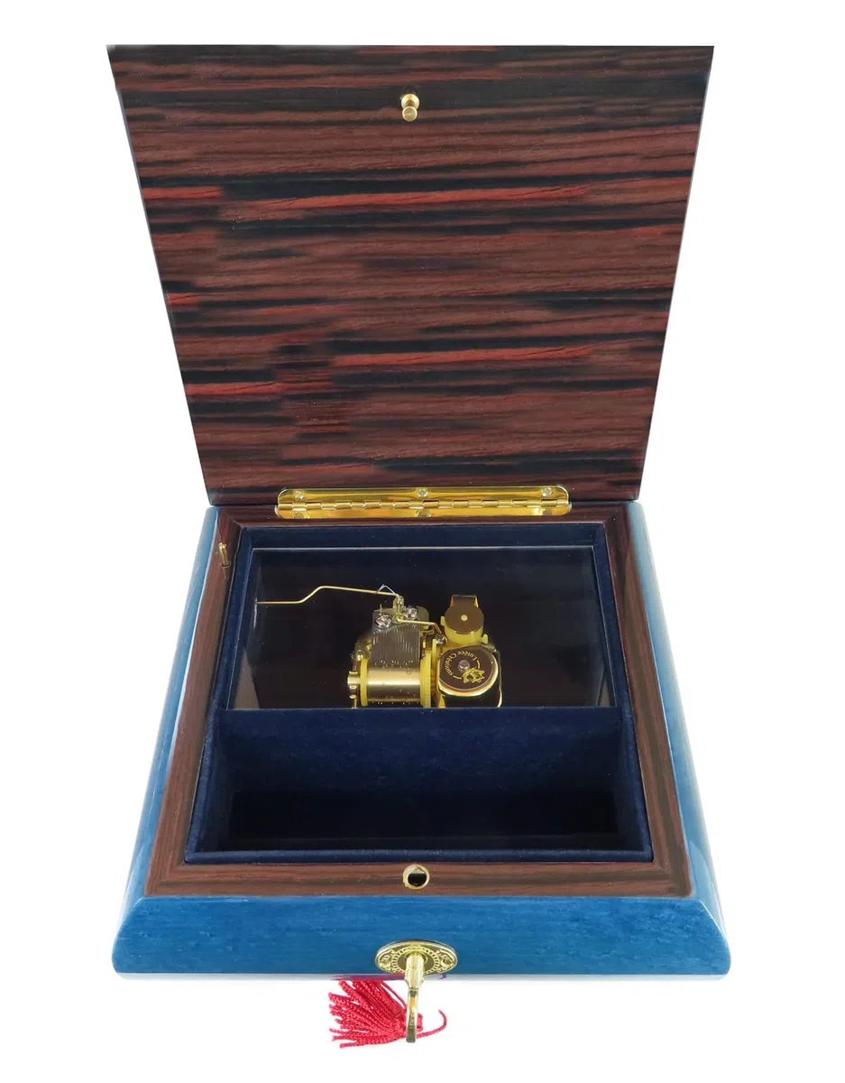 Joyero musical / caja de música para joyas de madera teñida de azul con marquetería ramo de flores y mecanismo musical de resorte de 18 notas - La vie en rose - La vida en rosa (Louiguy / Edith Piaf).
