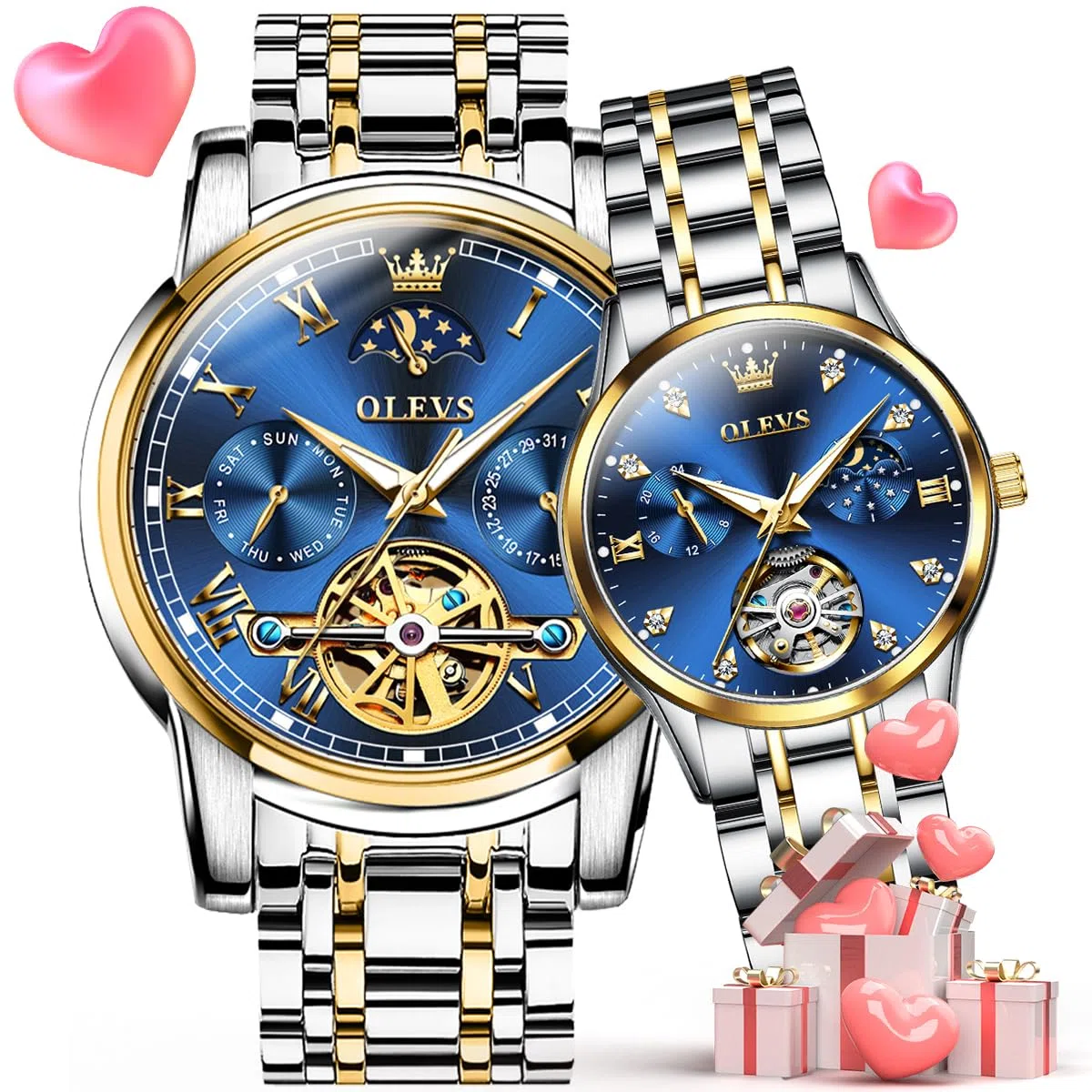 OLEVS Par de relojes para parejas, mecánicos automáticos, con cuerda automática, para él y ella, regalos del día de San Valentín, 6617+6608: banda de dos tonos y esfera azul