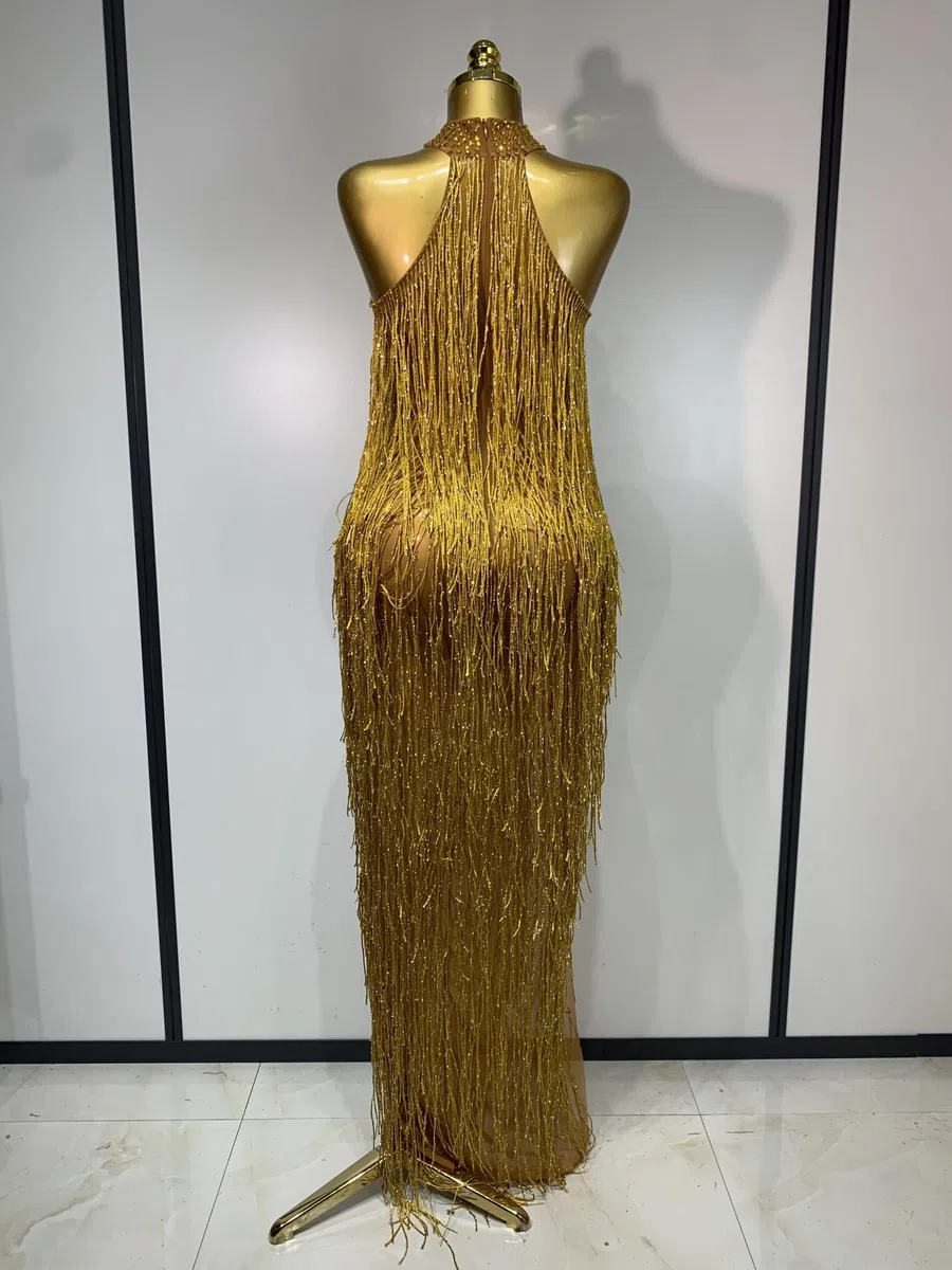 Vestido Flecos Vestido Sexy Dorado con borlas de Cristales Brillantes for Mujer, Vestido Elegante for graduación, Fiesta Noche, Club Nocturno, Vestidos for sesión Fotos cumpleaños(S)