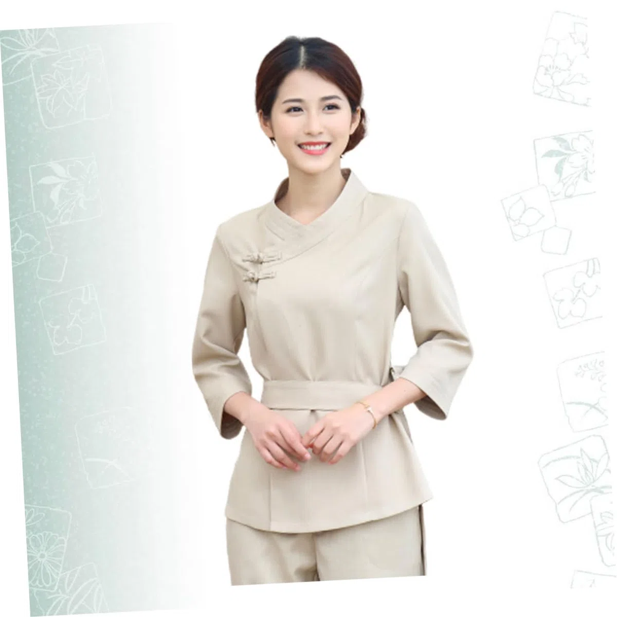 UKCOCO Mono Técnico Belleza y Uniforme Salón SPA Beige, Algodón Duradero, Diseño Ajustable, para Esteticista Mujer En SPA y Salón, Talla XXXL, Set 2 Piezas, Ropa De Trabajo Funcional