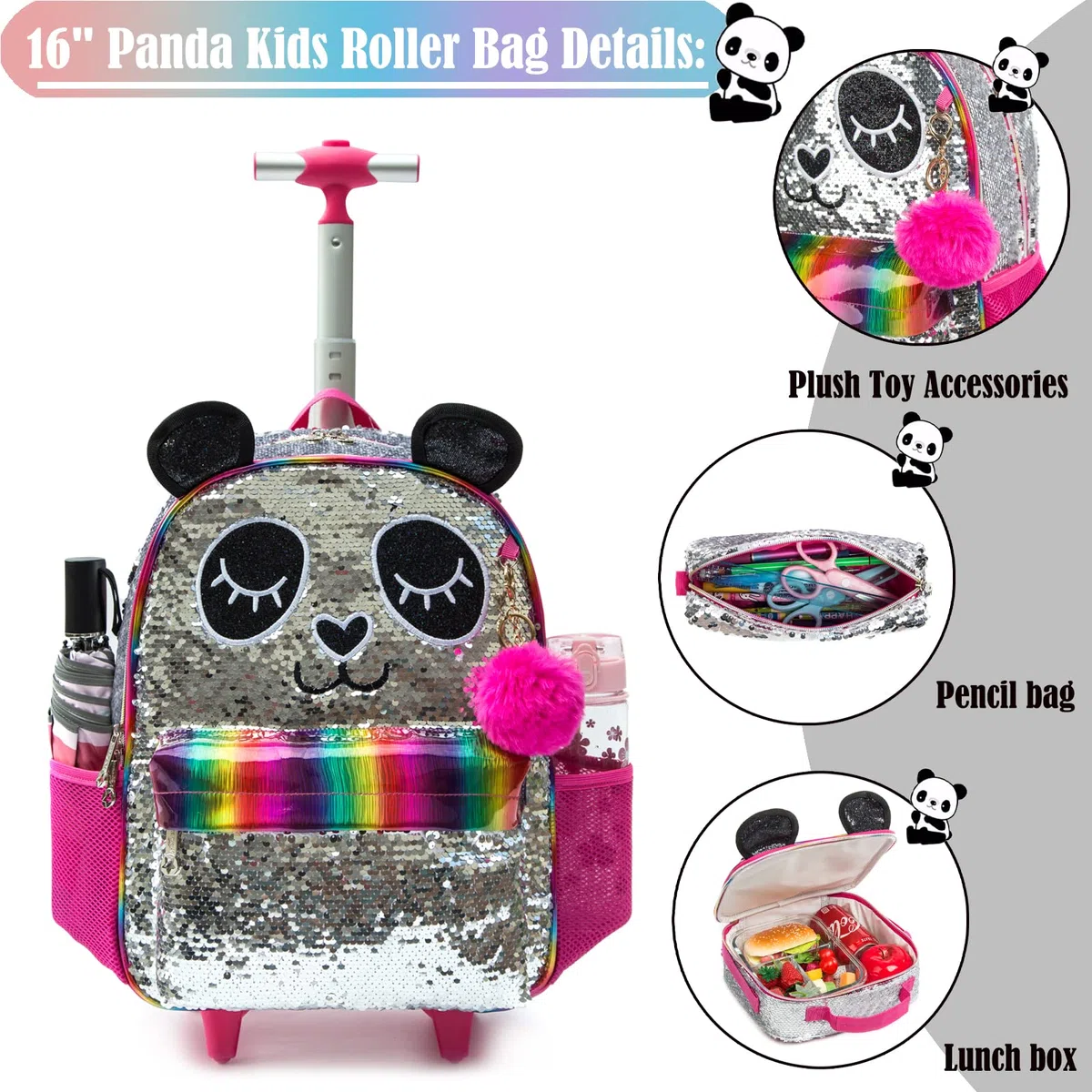 Mochilas Escolares con Ruedas Para Niñas,3PCS Mochila Carro Bolsa del Almuerzo y Estuche de Lápices Bolsos Escolares Para Chicas,16" Maleta Niños con Ruedas de Sirena Morada para Niñas con Lentejuelas