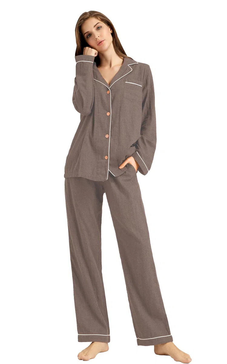 Conjunto de pijama para mujer, 100 % gasa doble, algodón y lino, de muselina, de manga larga, con botones, ropa de dormir suave | Conjunto de pijama transpirable suave y cómodo con botones