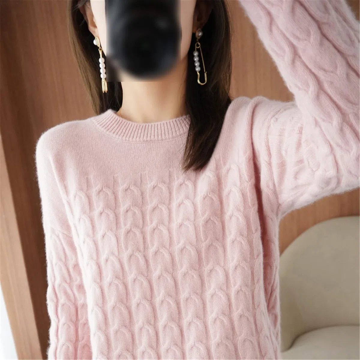 100% lana suéter de cachemira otoño invierno mujer O cuello jersey casual punto top chaqueta de manga larga, blanco, L
