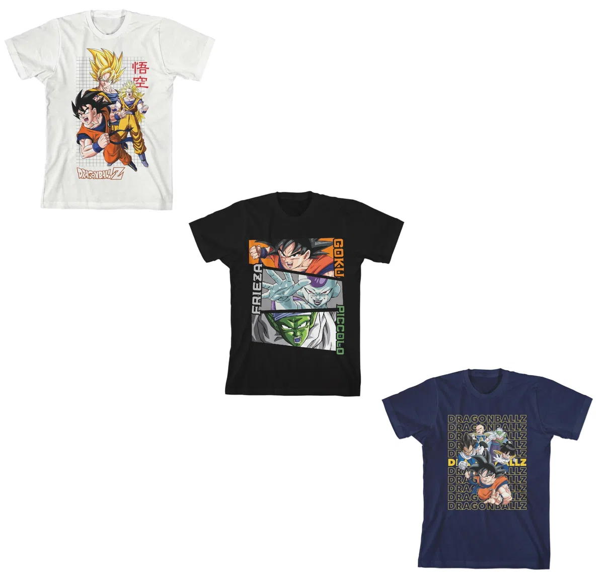 Dragon Ball Z Character Art - Juego de 3 camisetas de manga corta con cuello redondo para niño