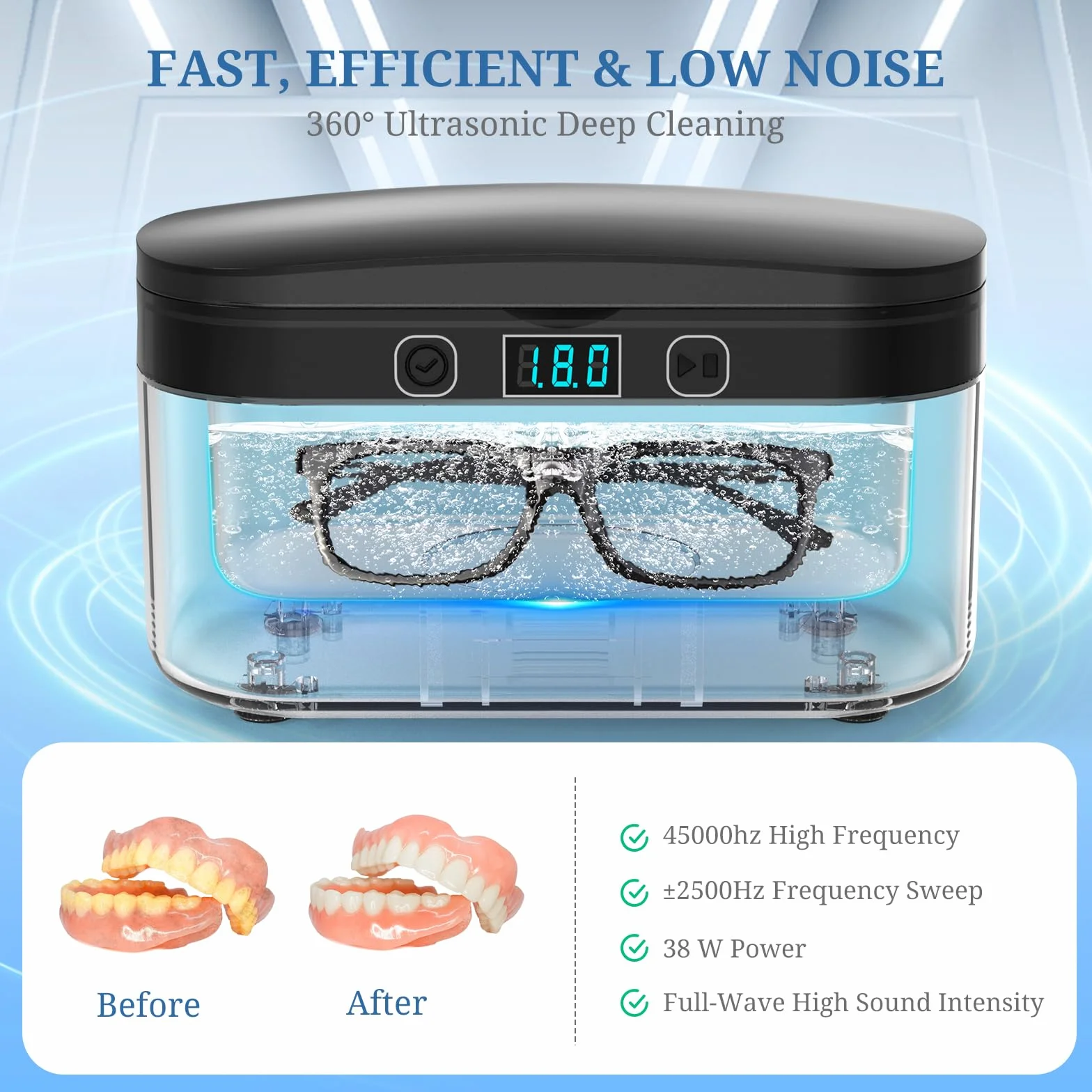 PELCAS Limpiador Ultrasonidos 45KHz 500ml Limpiador Ultrasónico Actualizado 38W Ultrasonidos Limpieza con Pantalla Táctil con 5 Modos de Temporizador para Joyería Dentaduras Postizas Gafas Relojes