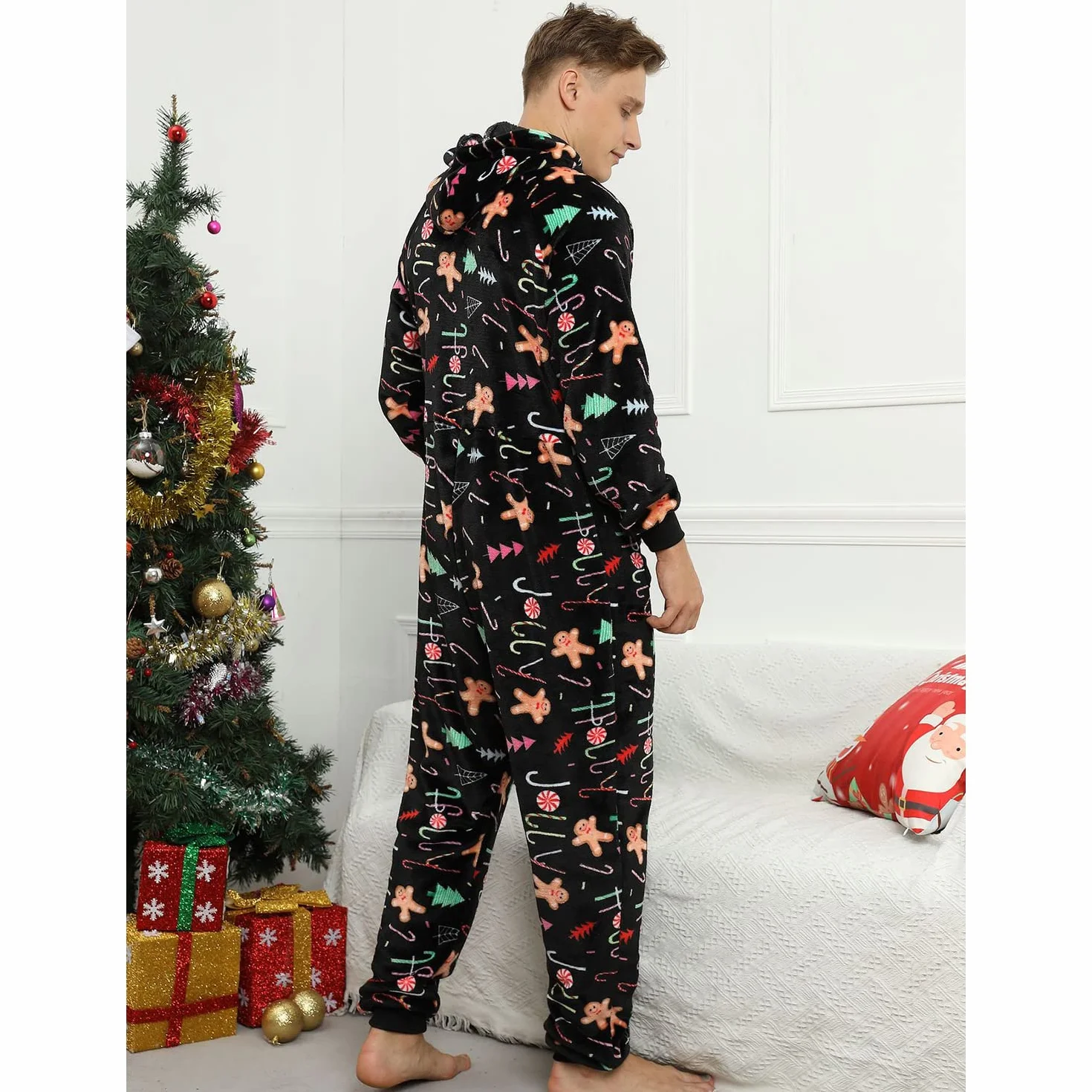 Pijama Navidad Una Pieza Hombre Franela Pijamas Mono Entero con Capucha Manga Larga Invierno Calentito Jumpsuit Adulto Onesie Ropa de Casa Dormir Caramelo de Navidad Negro M