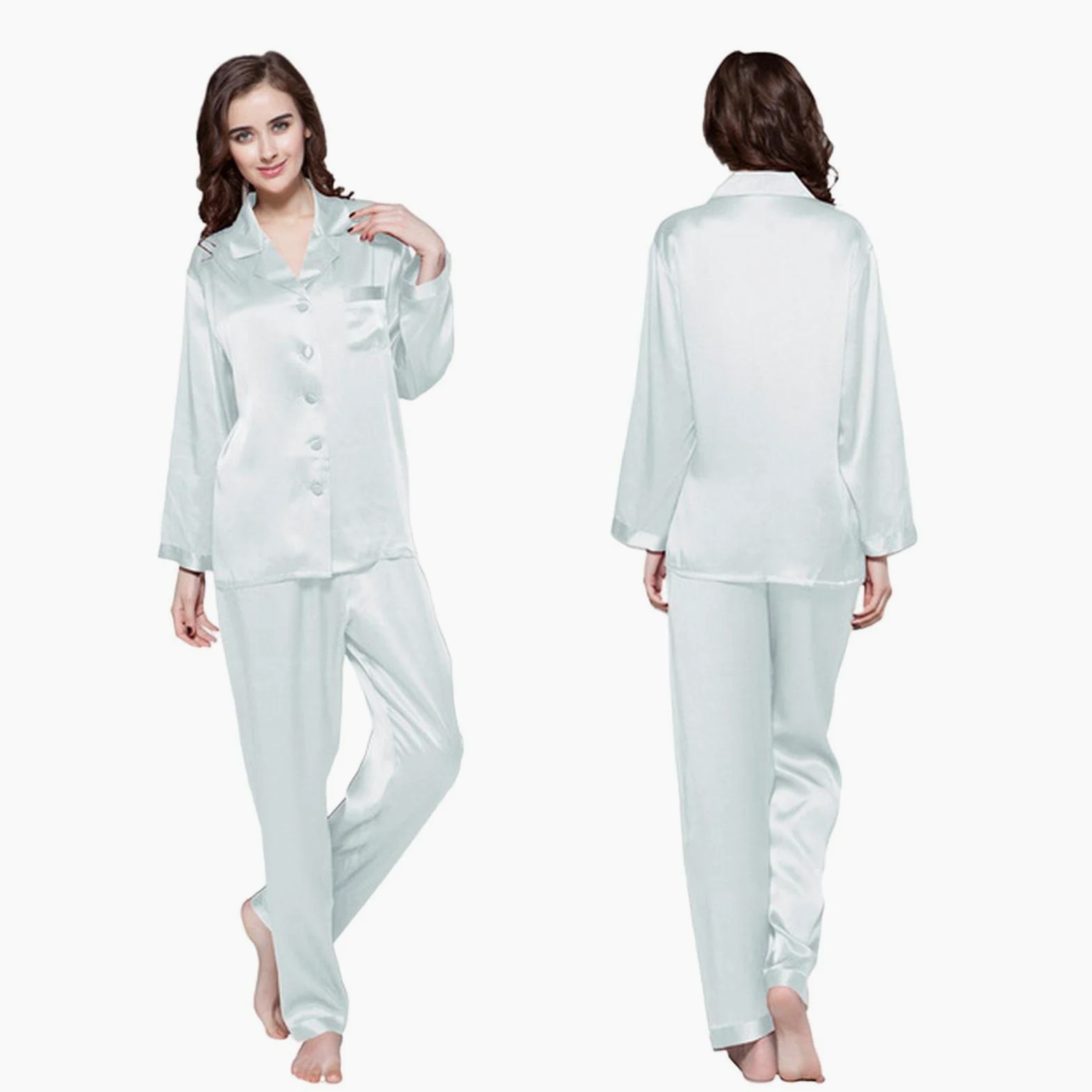 MOGSA Pijama para mujer, primavera y otoño, conjunto de pijama de seda para mujer, liso, 2 piezas, botones frontales, pantalones para el hogar, overoles para mujer, azul diamante, XS