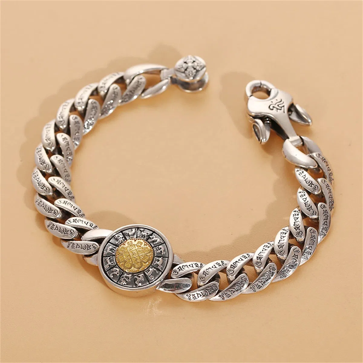 Brazalete del Zodíaco para Hombre Plata Ley S925, Brazalete Gótico Vintage Jiugong Bagua, Plata, 20 cm