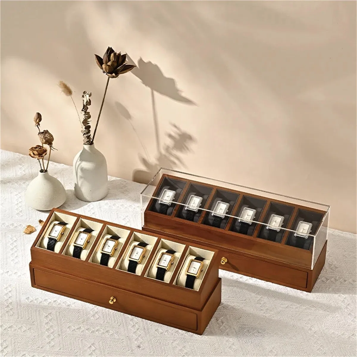 Caja de relojes de madera maciza Caja de reloj madera, organizador 6 rejillas, almacenamiento exhibición muñeca joyería doble capa