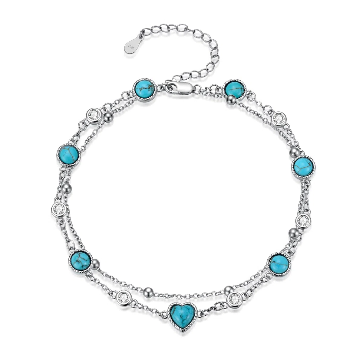 Tobillera de plata de ley 925 turquesa natural, pulsera ajustable de varias capas para mujer